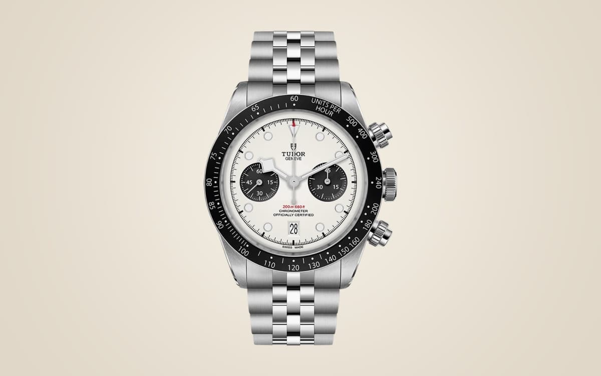 Tudor Black Bay Chrono with panda dial on a steel bracelet